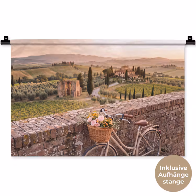Fiets - Bloemen - Toscane - Landschap - Roze Wandkleed katoen klein -t3d_DE