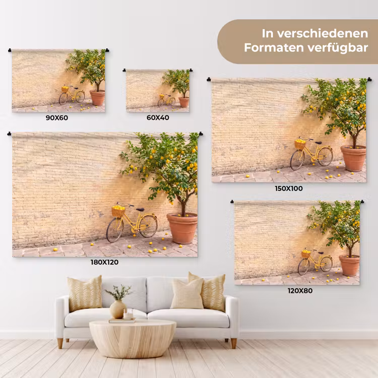 Fiets - Mand - Eten - Geel - Zomer Wandkleed katoen klein -tsfeer8_DE