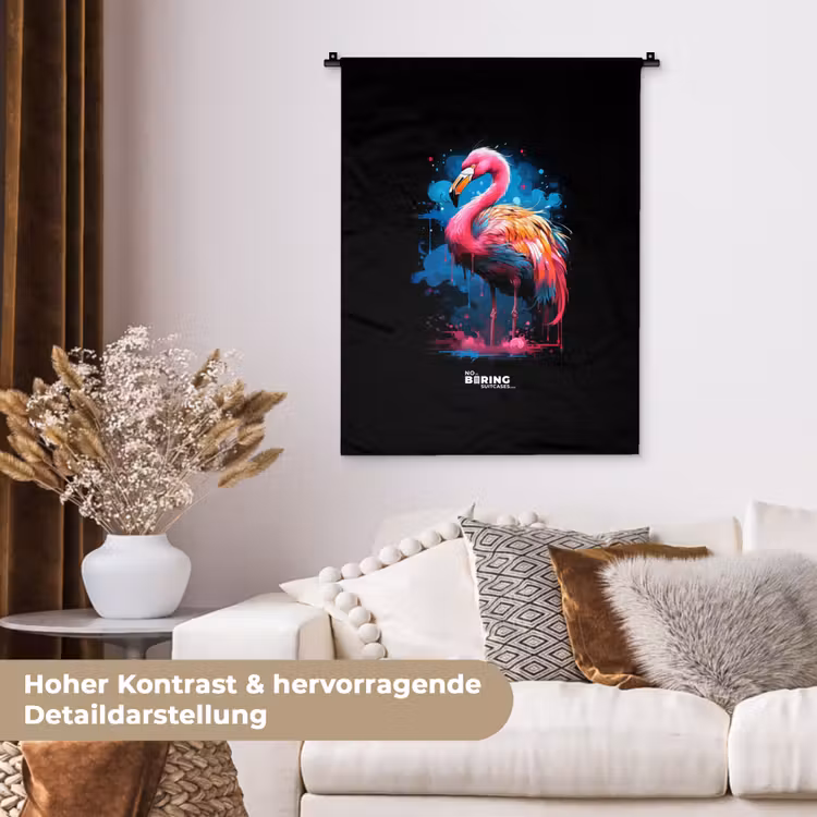 Gekleurde flamingo voor een verfexplosie Wandkleed katoen klein -tsfeer1_DE