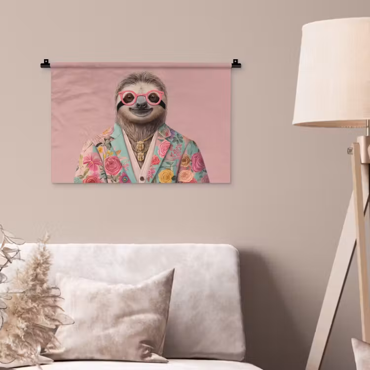 Luiaard - Bloemenprint - Bril - Roze Wandkleed katoen klein -sfeer4