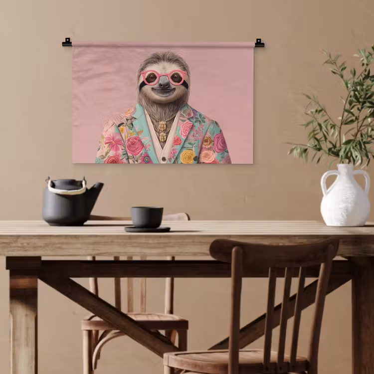 Luiaard - Bloemenprint - Bril - Roze Wandkleed katoen klein -sfeer6