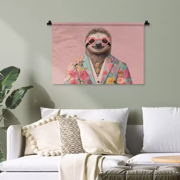 Luiaard - Bloemenprint - Bril - Roze Wandkleed katoen klein -sfeer7