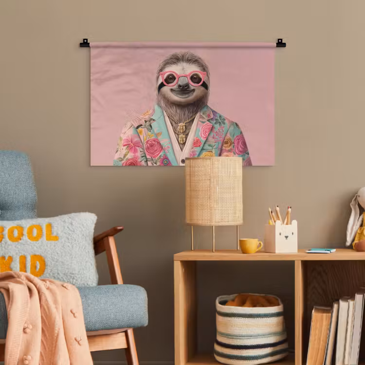 Luiaard - Bloemenprint - Bril - Roze Wandkleed katoen klein -wsfeer4_kind