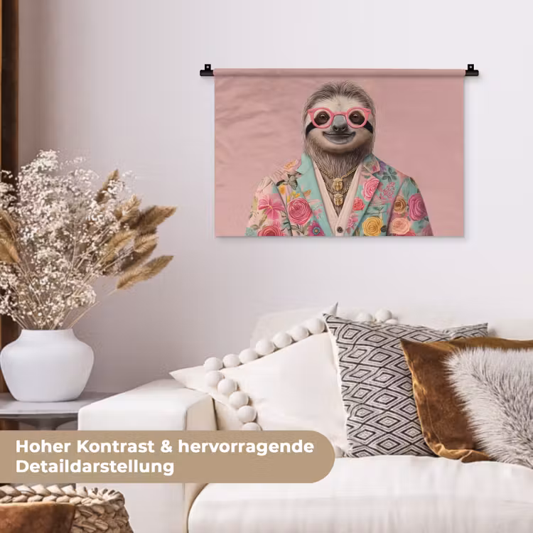Luiaard - Bloemenprint - Bril - Roze Wandkleed katoen klein -tsfeer1_DE