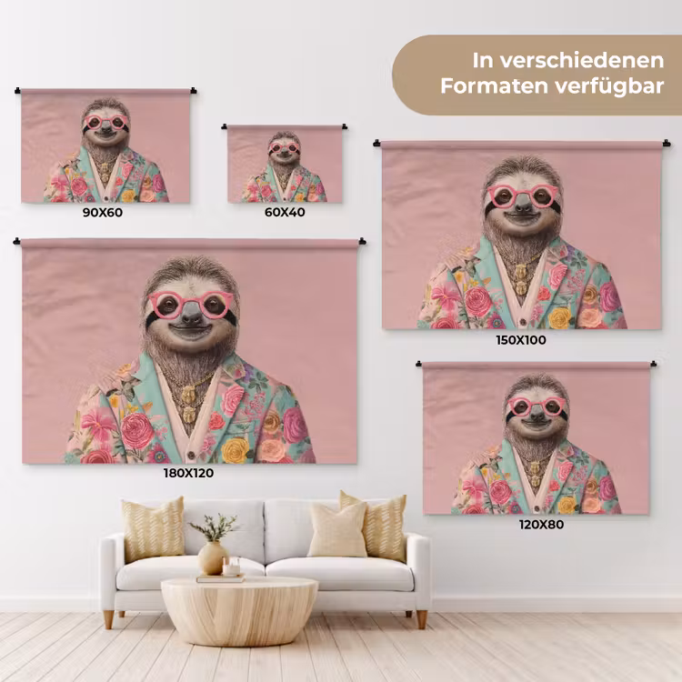Luiaard - Bloemenprint - Bril - Roze Wandkleed katoen klein -tsfeer8_DE