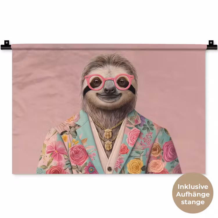 Luiaard - Bloemenprint - Bril - Roze Wandkleed katoen klein -t3d_DE