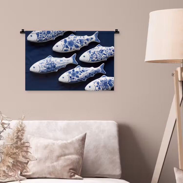 Vissen - Delfts - Blauw - Keramiek Wandkleed katoen klein -sfeer4