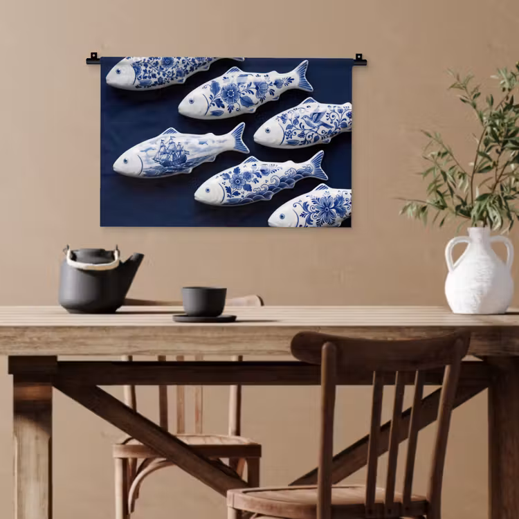 Vissen - Delfts - Blauw - Keramiek Wandkleed katoen klein -sfeer6