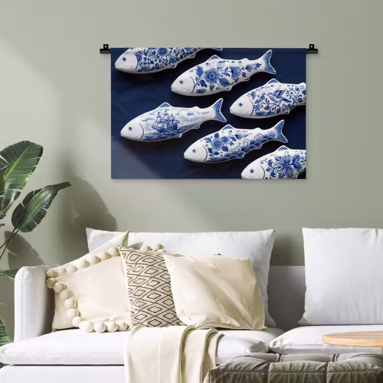Vissen - Delfts - Blauw - Keramiek Wandkleed katoen klein -sfeer7