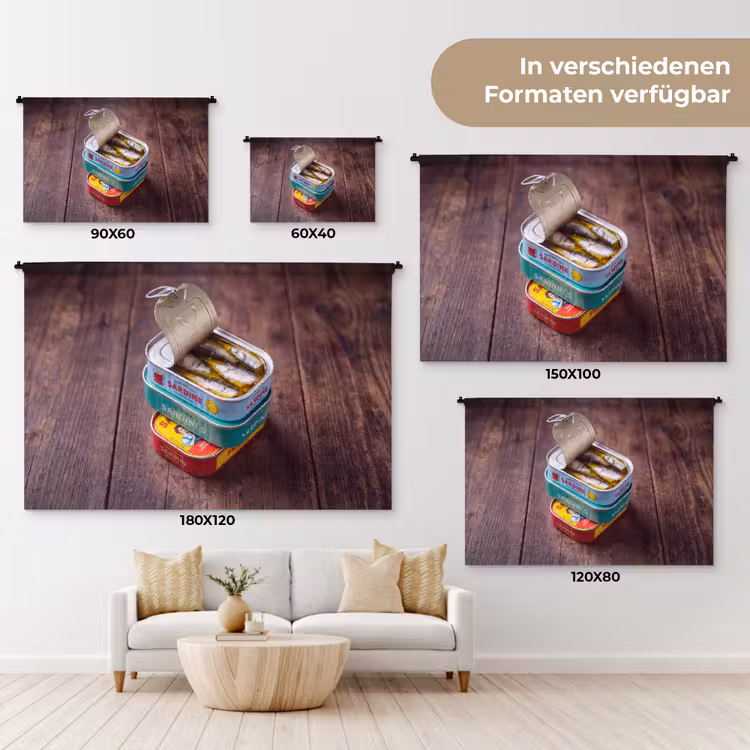Wandteppich - Fisch – Dosen – Küche - Vis - Blikjes - Keuken Wandkleed katoen klein