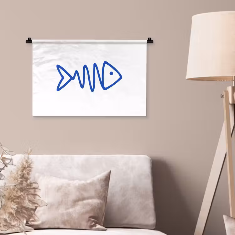 Vis - Minimalistisch - Blauw - Lijn Wandkleed katoen klein -sfeer4