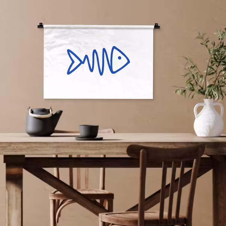 Vis - Minimalistisch - Blauw - Lijn Wandkleed katoen klein -sfeer6