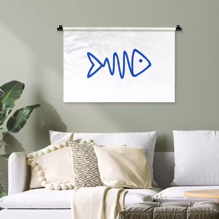 Vis - Minimalistisch - Blauw - Lijn Wandkleed katoen klein -sfeer7