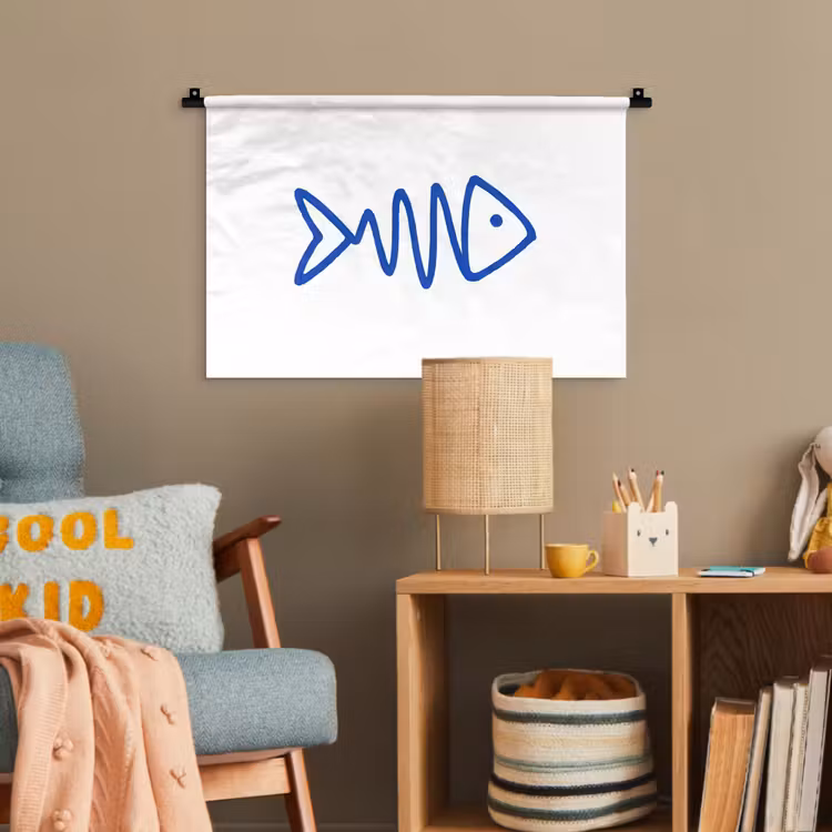 Vis - Minimalistisch - Blauw - Lijn Wandkleed katoen klein -wsfeer4_kind