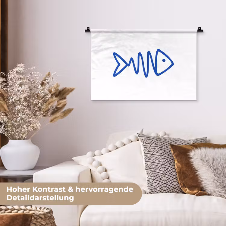 Vis - Minimalistisch - Blauw - Lijn Wandkleed katoen klein -tsfeer1_DE