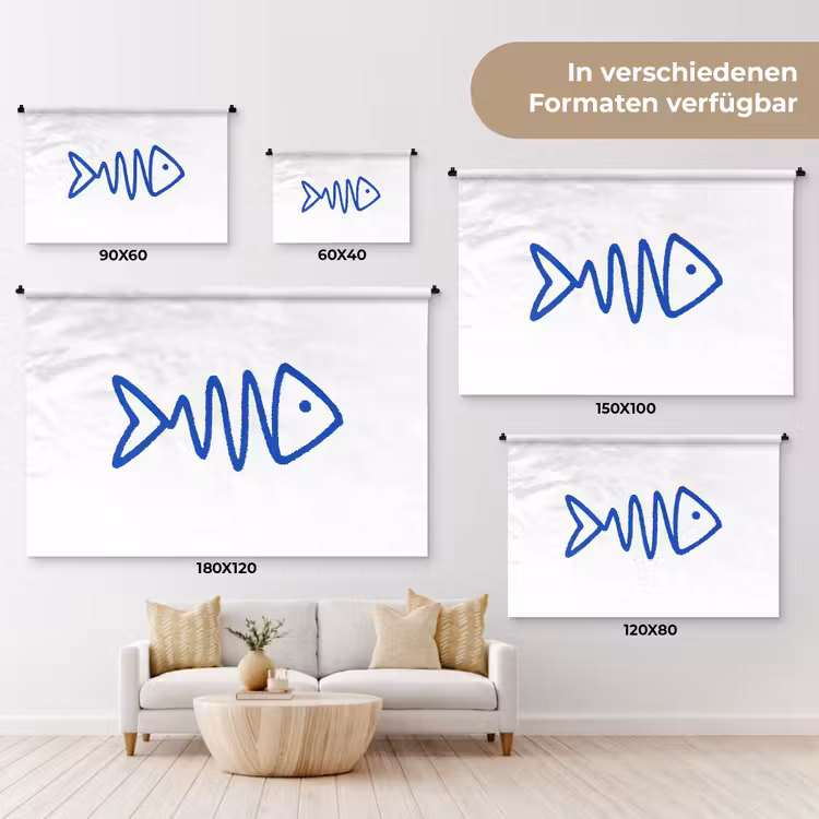 Vis - Minimalistisch - Blauw - Lijn Wandkleed katoen klein -tsfeer8_DE