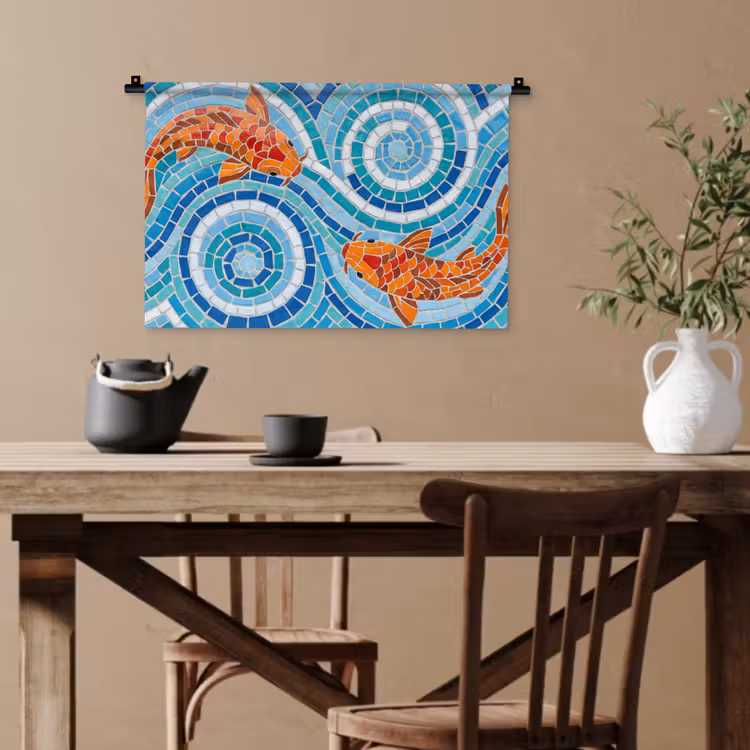 Vis - Mozaïek - Water - Decoratief - Blauw Wandkleed katoen klein -sfeer6