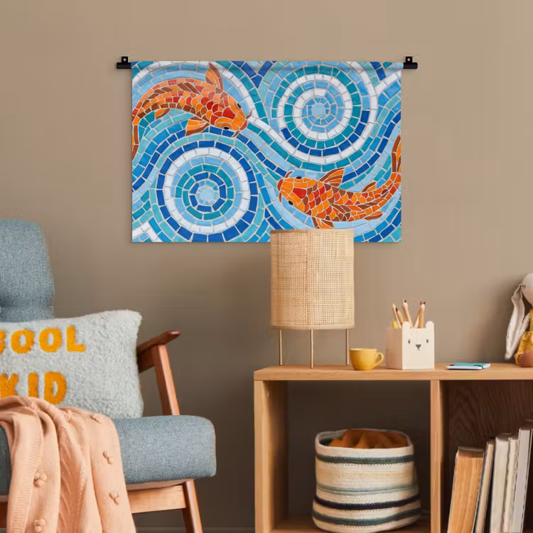 Vis - Mozaïek - Water - Decoratief - Blauw Wandkleed katoen klein -wsfeer4_kind