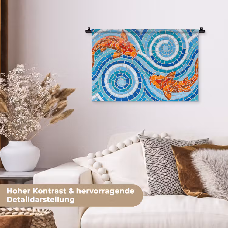 Vis - Mozaïek - Water - Decoratief - Blauw Wandkleed katoen klein -tsfeer1_DE