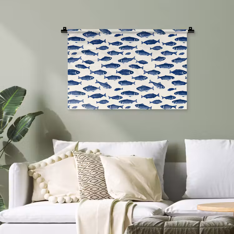 Vissen - Patroon - Blauw - Wit Wandkleed katoen klein 269 -sfeer7