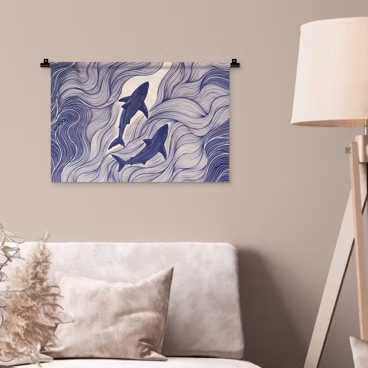 Vis - Oceaan - Lijntekening - Blauw - Dieren Wandkleed katoen klein -sfeer4