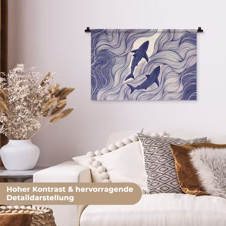 Vis - Oceaan - Lijntekening - Blauw - Dieren Wandkleed katoen klein -tsfeer1_DE
