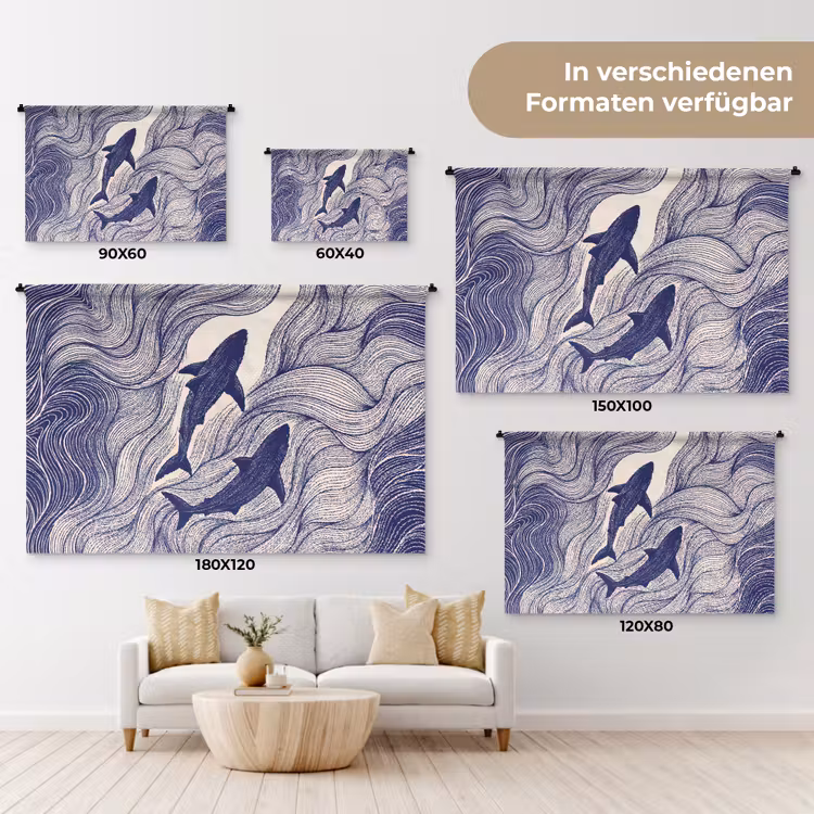 Vis - Oceaan - Lijntekening - Blauw - Dieren Wandkleed katoen klein -tsfeer8_DE