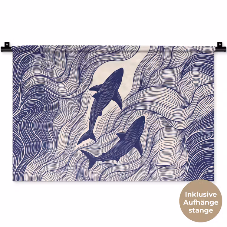 Vis - Oceaan - Lijntekening - Blauw - Dieren Wandkleed katoen klein -t3d_DE