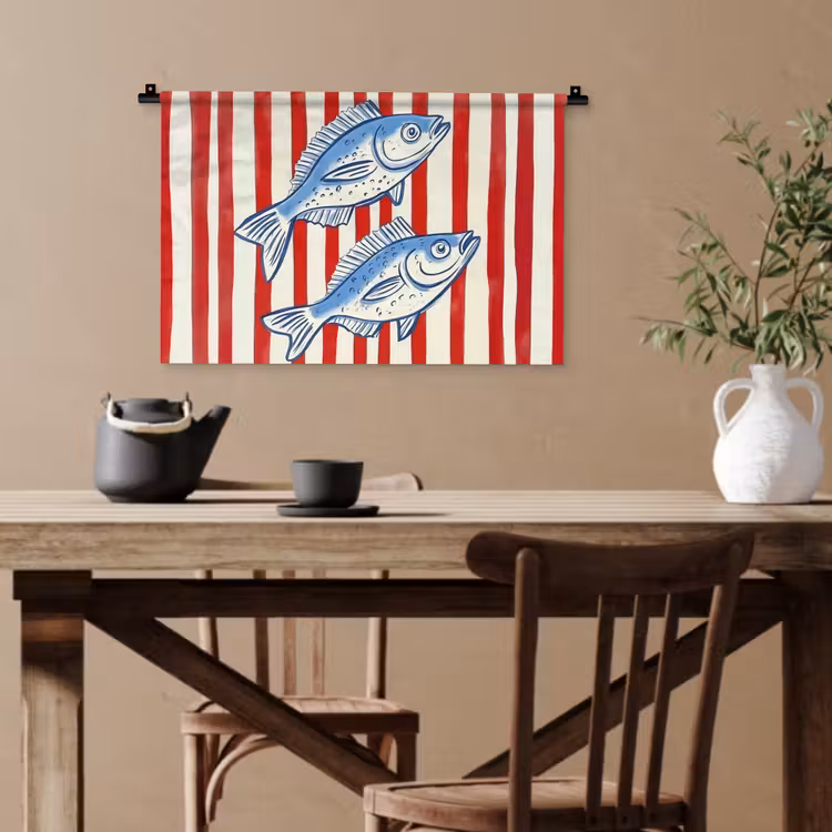 Vissen - Verticale strepen - Blauw - Rood Wandkleed katoen klein -sfeer6