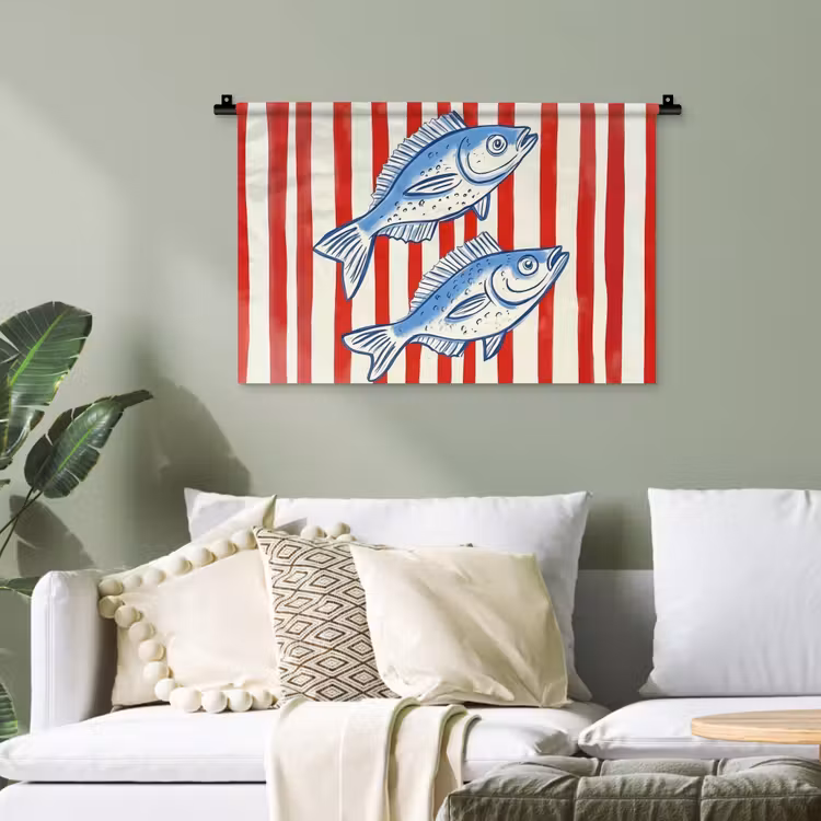 Vissen - Verticale strepen - Blauw - Rood Wandkleed katoen klein -sfeer7