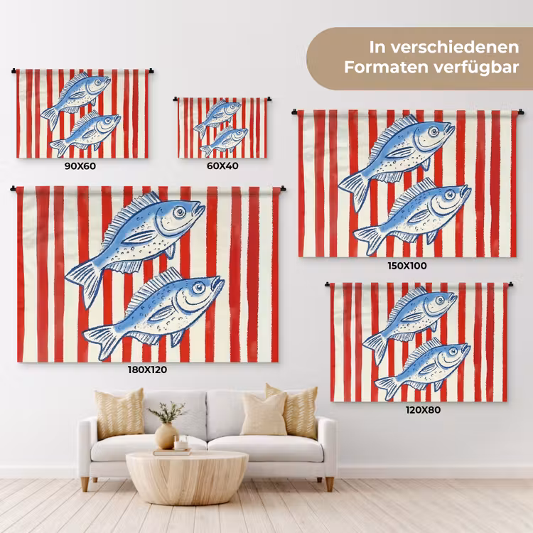 Vissen - Verticale strepen - Blauw - Rood Wandkleed katoen klein -tsfeer8_DE