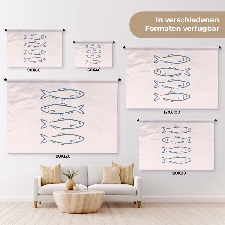 Vis - Vier - Dieren - Abstract - Blauw Wandkleed katoen klein -tsfeer8_DE