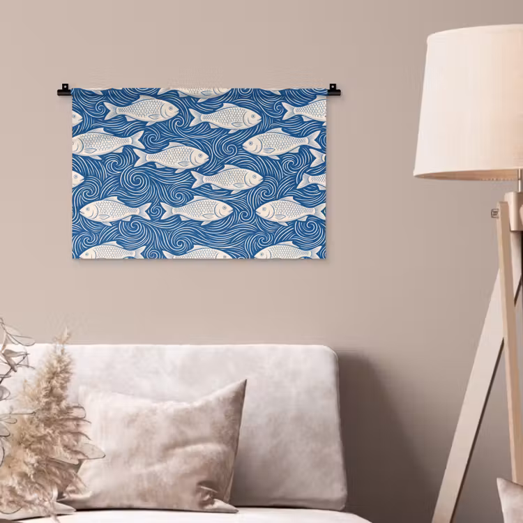 Vis - Water - Patroon - Grafisch - Blauw Wandkleed katoen klein -sfeer4
