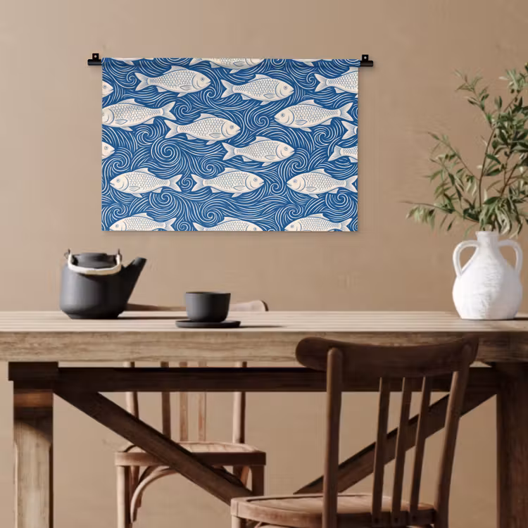 Vis - Water - Patroon - Grafisch - Blauw Wandkleed katoen klein -sfeer6