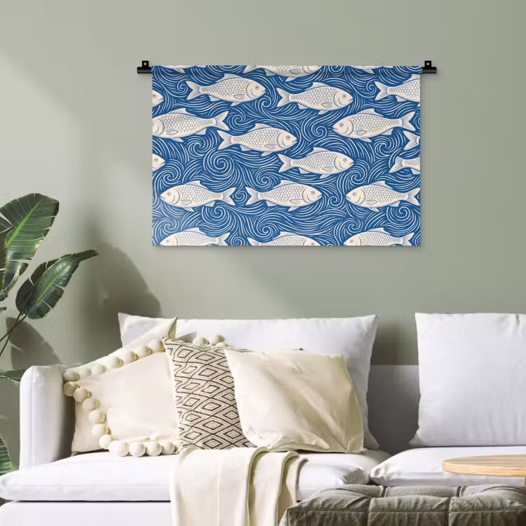 Vis - Water - Patroon - Grafisch - Blauw Wandkleed katoen klein -sfeer7