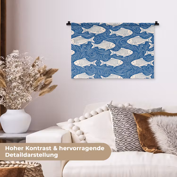 Vis - Water - Patroon - Grafisch - Blauw Wandkleed katoen klein -tsfeer1_DE