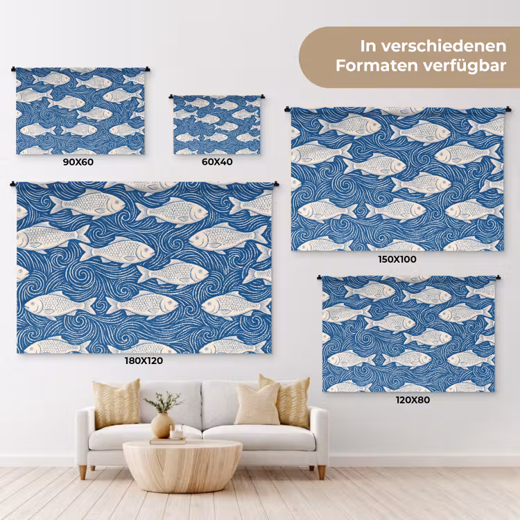 Vis - Water - Patroon - Grafisch - Blauw Wandkleed katoen klein -tsfeer8_DE