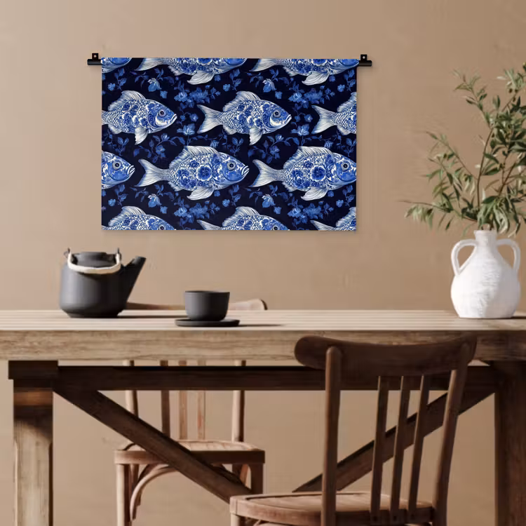 Vissen - Bloemen - Blauw Wandkleed katoen klein 269 -sfeer6