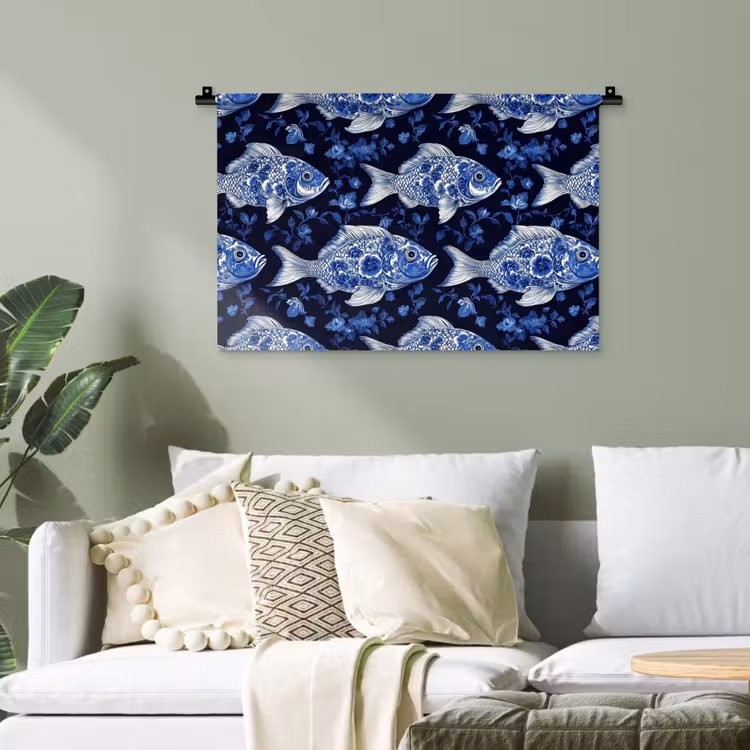 Vissen - Bloemen - Blauw Wandkleed katoen klein 269 -sfeer7