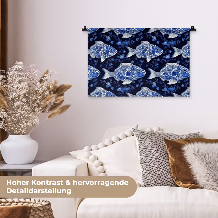 Vissen - Bloemen - Blauw Wandkleed katoen klein 269 -tsfeer1_DE