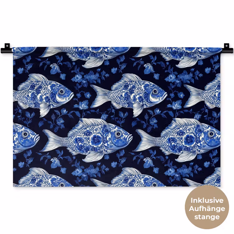 Vissen - Bloemen - Blauw Wandkleed katoen klein 269 -t3d_DE
