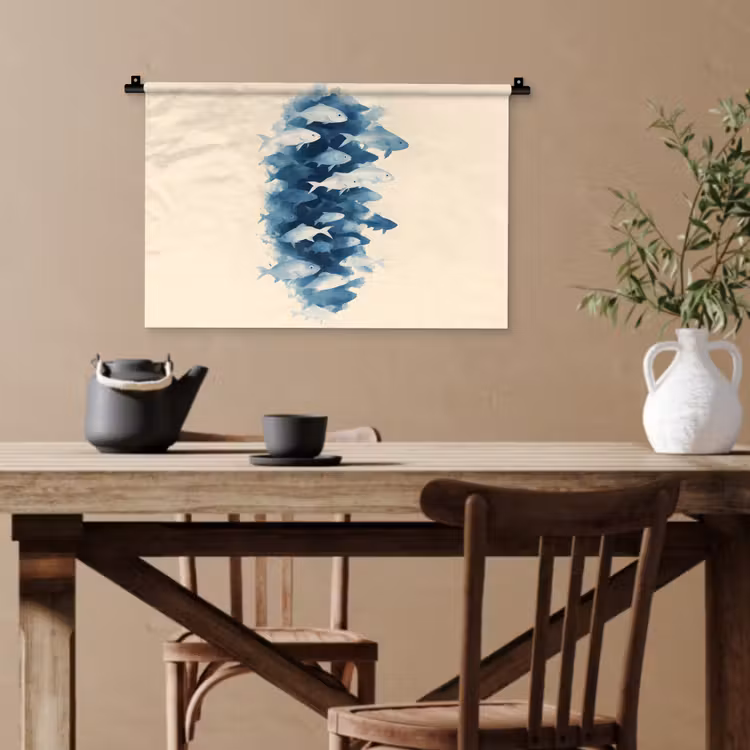 Vissen - Minimalistisch - Blauw Wandkleed katoen klein -sfeer6