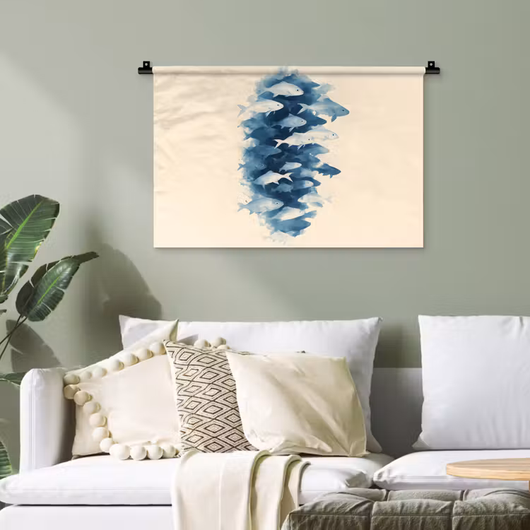 Vissen - Minimalistisch - Blauw Wandkleed katoen klein -sfeer7