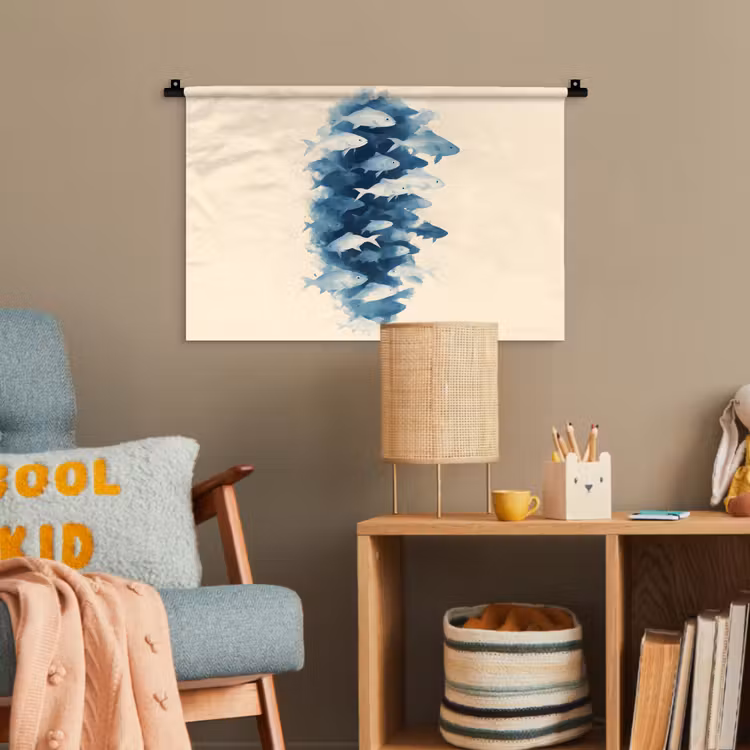 Vissen - Minimalistisch - Blauw Wandkleed katoen klein -wsfeer4_kind