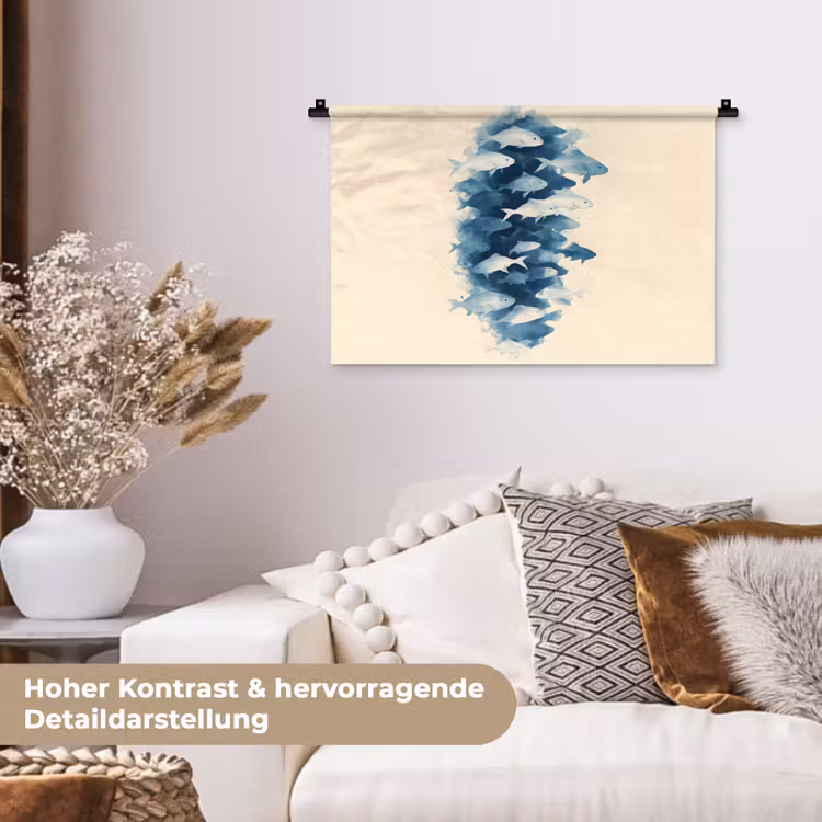 Vissen - Minimalistisch - Blauw Wandkleed katoen klein -tsfeer1_DE