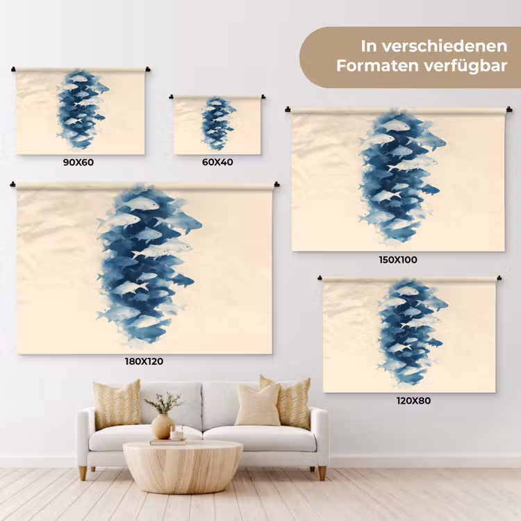 Vissen - Minimalistisch - Blauw Wandkleed katoen klein -tsfeer8_DE