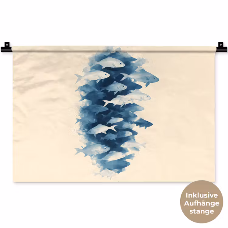 Vissen - Minimalistisch - Blauw Wandkleed katoen klein -t3d_DE