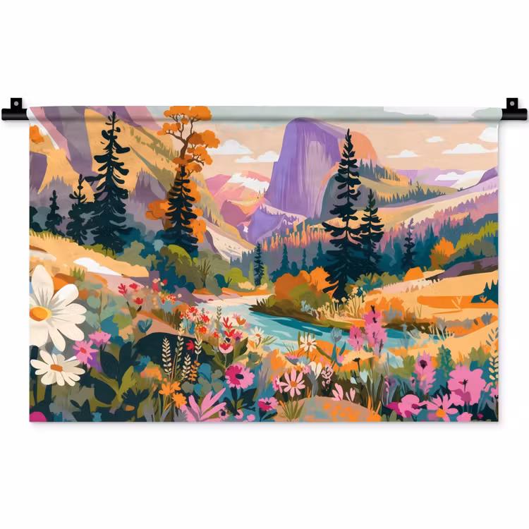 Rivier - Vallei vol bloemen - Levendig Wandkleed katoen klein -zz3d
