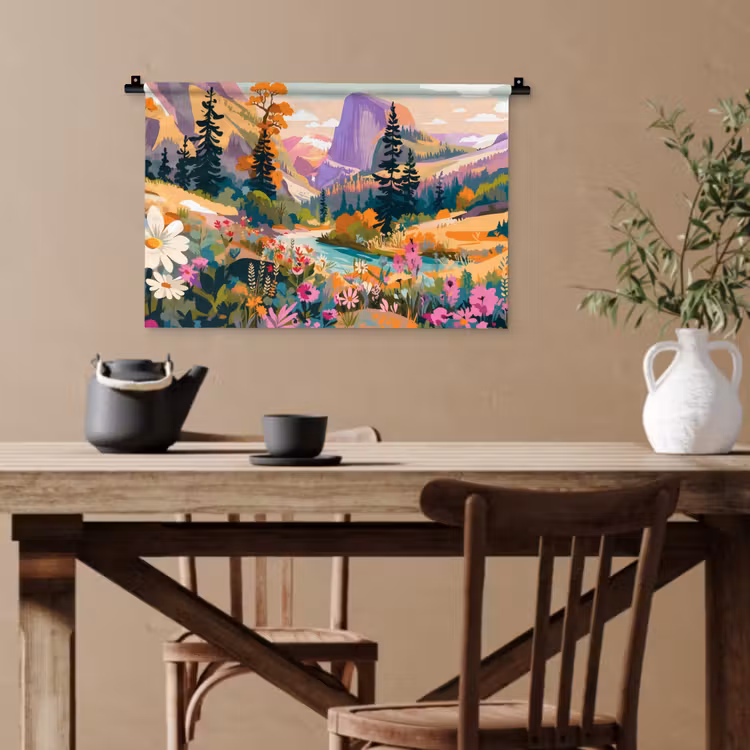 Rivier - Vallei vol bloemen - Levendig Wandkleed katoen klein -sfeer6