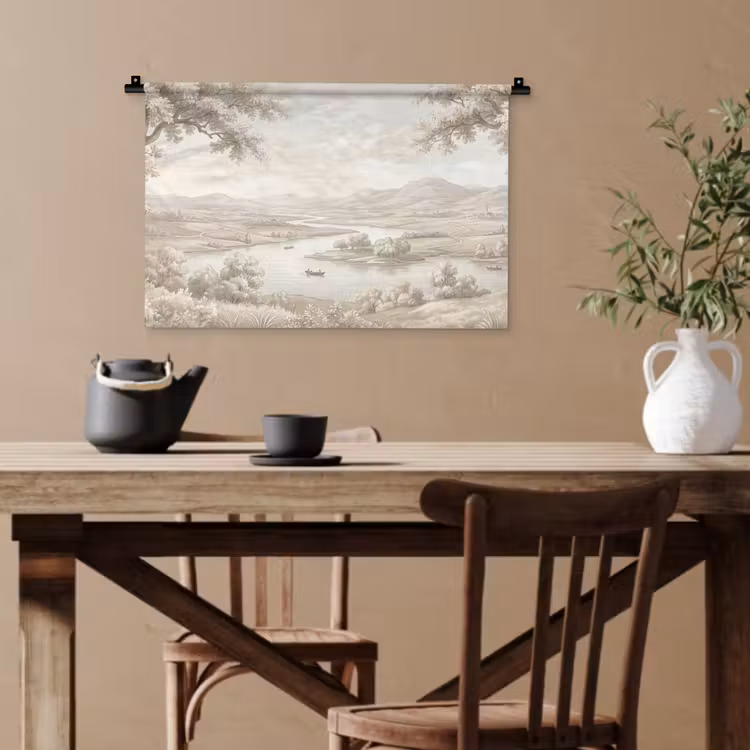 Rivierlandschap - Bergen - Natuur - Vintage - Beige Wandkleed katoen klein -sfeer6